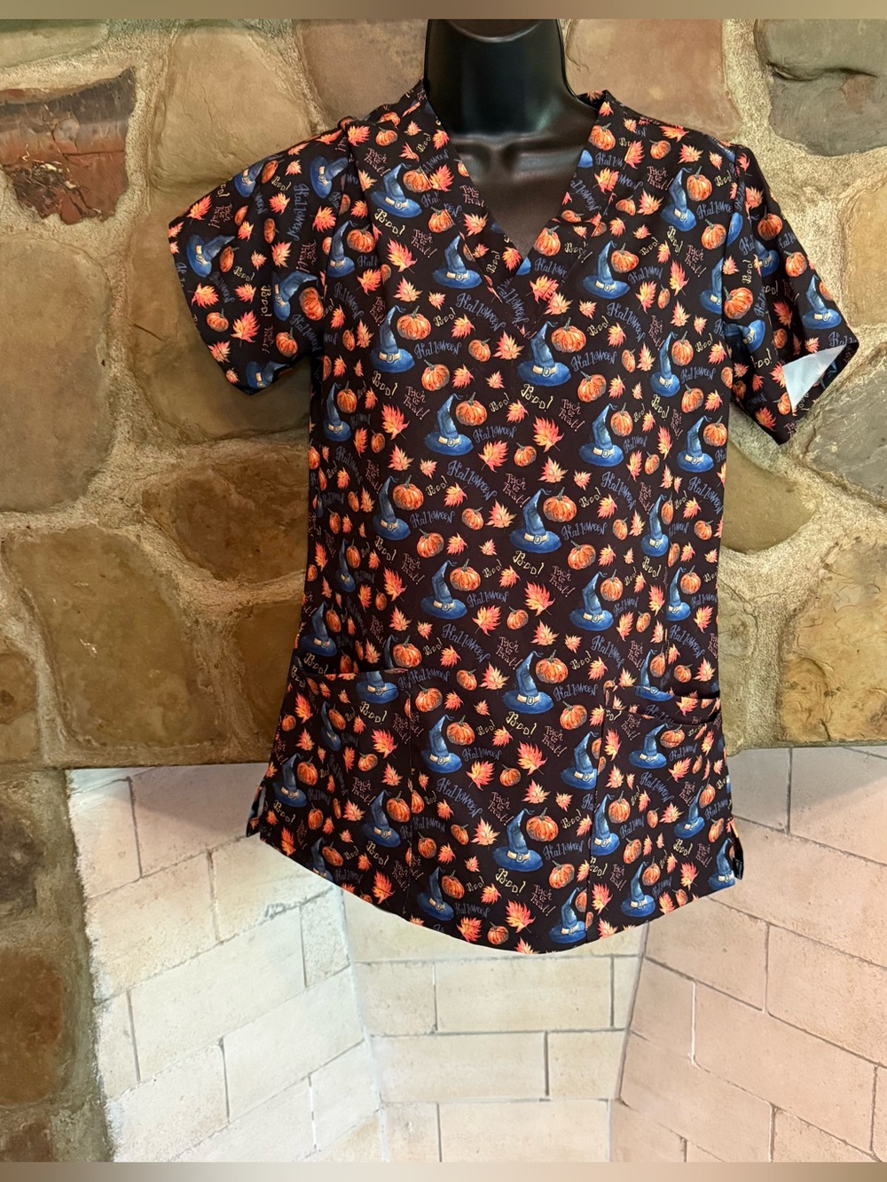 Revel Premium Stretch Halloween Print Scrub Top - Black with Orange Pumpkins 🎃